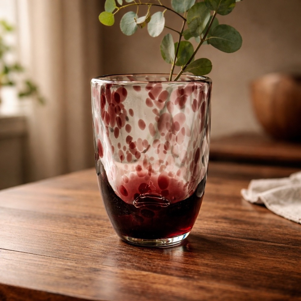 Handblown Art Glass Vase‎ Purple Red Confetti Heavy Base 8.5" Modern Decor